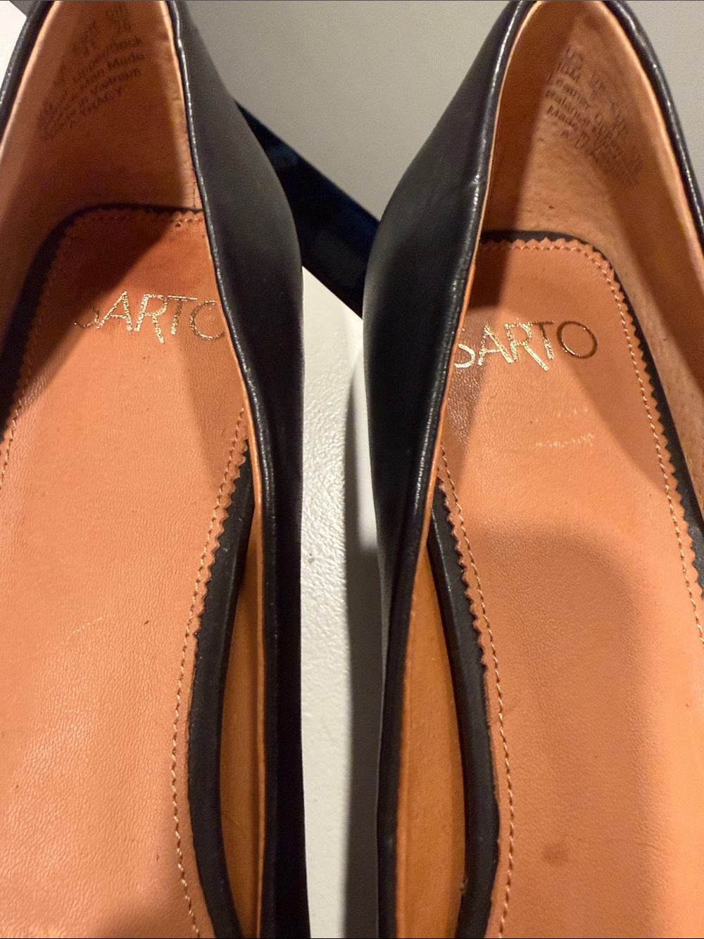 Black Leather Square-Toe SARTO Flats US 10 square heel cut out side A-TRACY SHOE - Picture 2 of 8